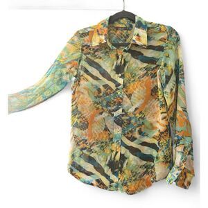 Pure Amici Women’s 100% Silk Button Down Blouse Sz S Multicolor Abstract Print